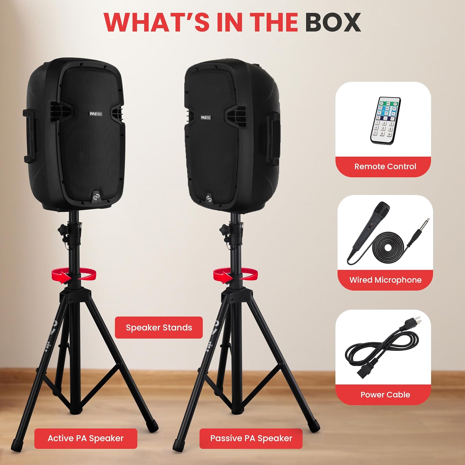 Pyle 10' Wireless Portable PA system - 1000W High Powered Bluetooth Compatible Active + Passive Pair Outdoor Sound Speakers w/ USB SD MP3 AUX - 35mm Mount, 2 Stands, Microphone, Remote - PPHP1049KT