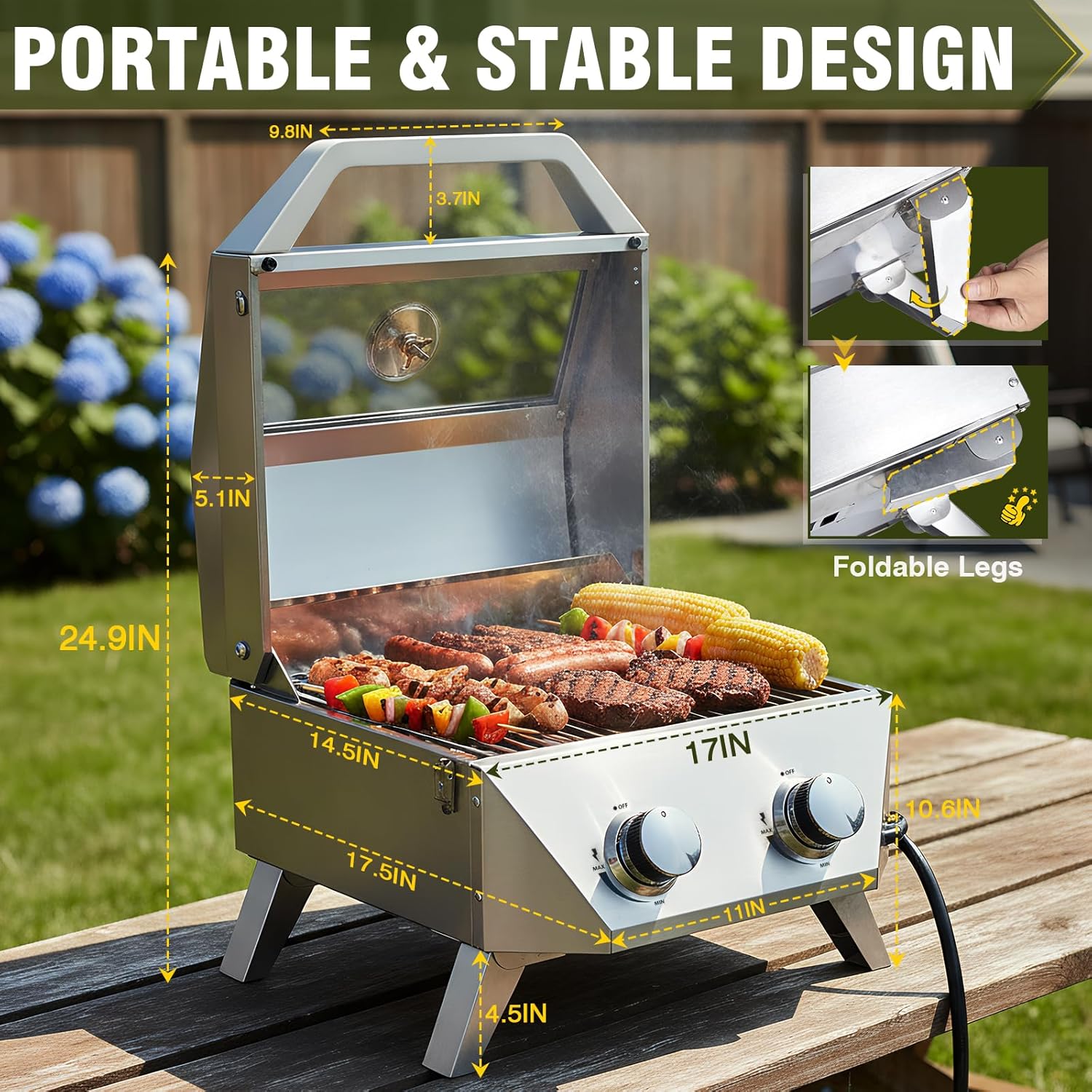 BESTFIRE Tabletop Gas Grill with 2 Burners & Viewing Glass Lid, 20,000 BTU Stainless Steel Portable BBQ Grill with Thermometer, Push-Button Ignition for Outdoor Patio, Camping, RV, Tailgating