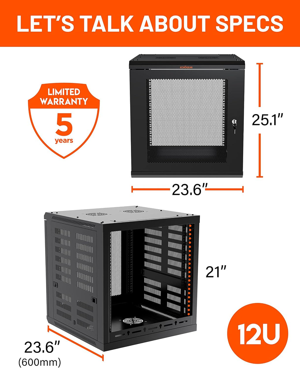 ECHOGEAR 12U Network Rack - Enclosed Wall Mount Rack Kit Includes 2X 1U Shelves, Pre-Mounted Fan, Lockable Door & Hardware - 600mm Depth Fits All Your AV Gear
