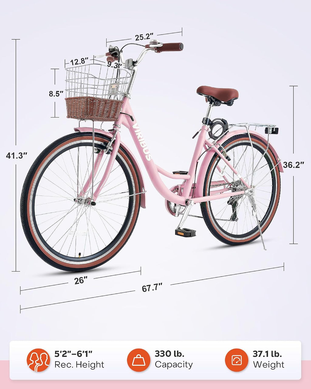 VIRIBUS Womens Cruiser Bike, 7 Speed Beach Cruiser Bike for Women, 26 inch Women Bicycle with Rattan Basket, City Commuter Vintage Retro Step Through Bicycle for Female Ladies Seniors, 330 Lb.