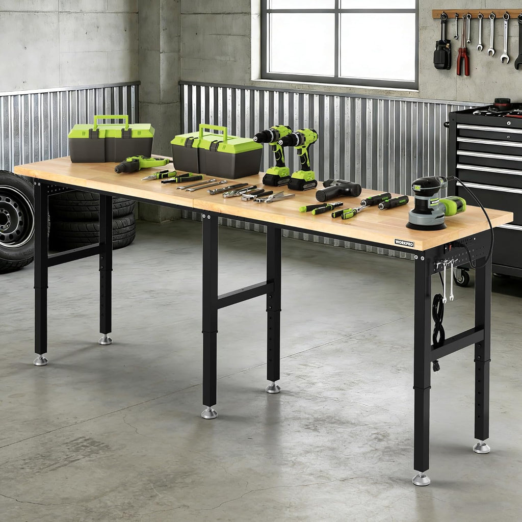 WORKPRO 96x24' Heavy-Duty Adjustable Workbench, 4000LBS Load Capacity Work Table with Power Outlet & Pegboard, Rubber Wood Top Workstation with Leveling Foot for Garage, Workshop