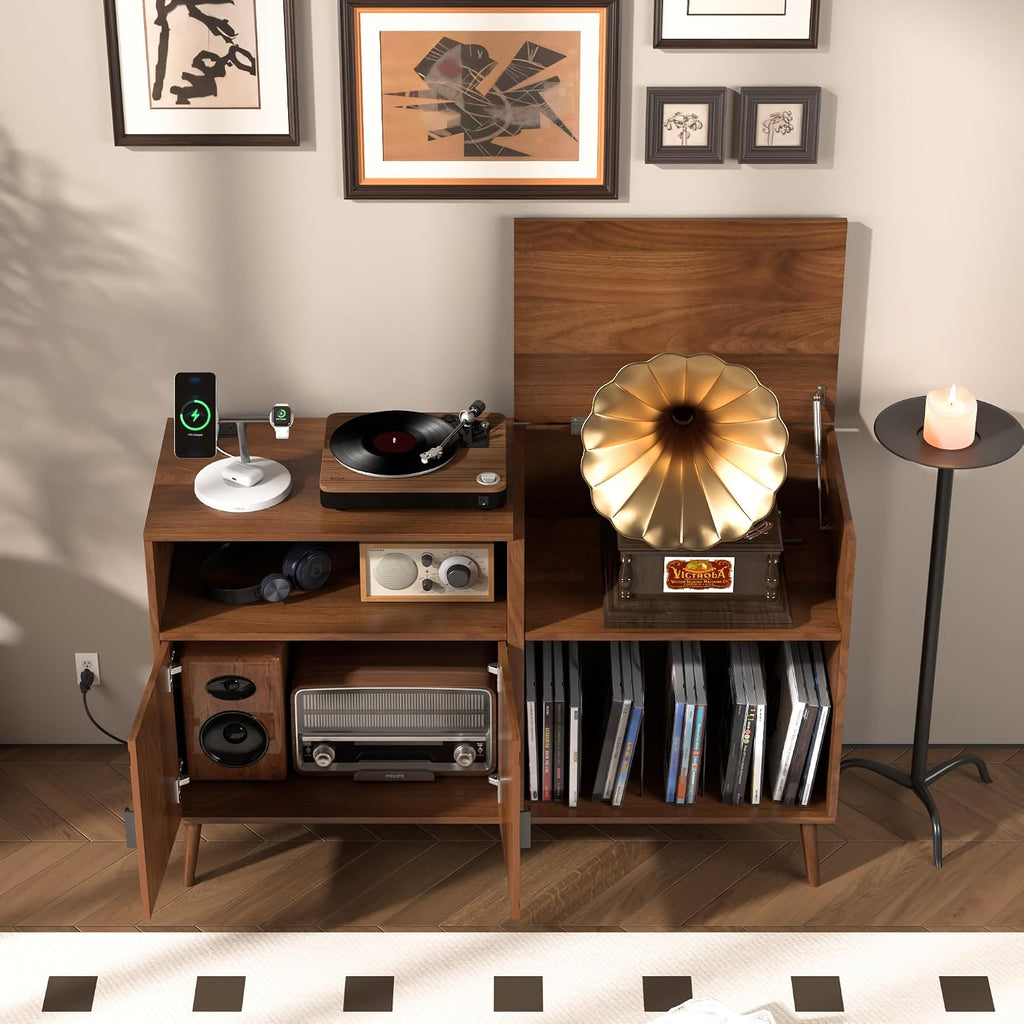 Fiogmub Large Record Player Stand, Mid Century Turntable Stand with Door, Record Player Table Holds Up to 350 Albums,Vinyl Display Shelf for Living Room (Brown)