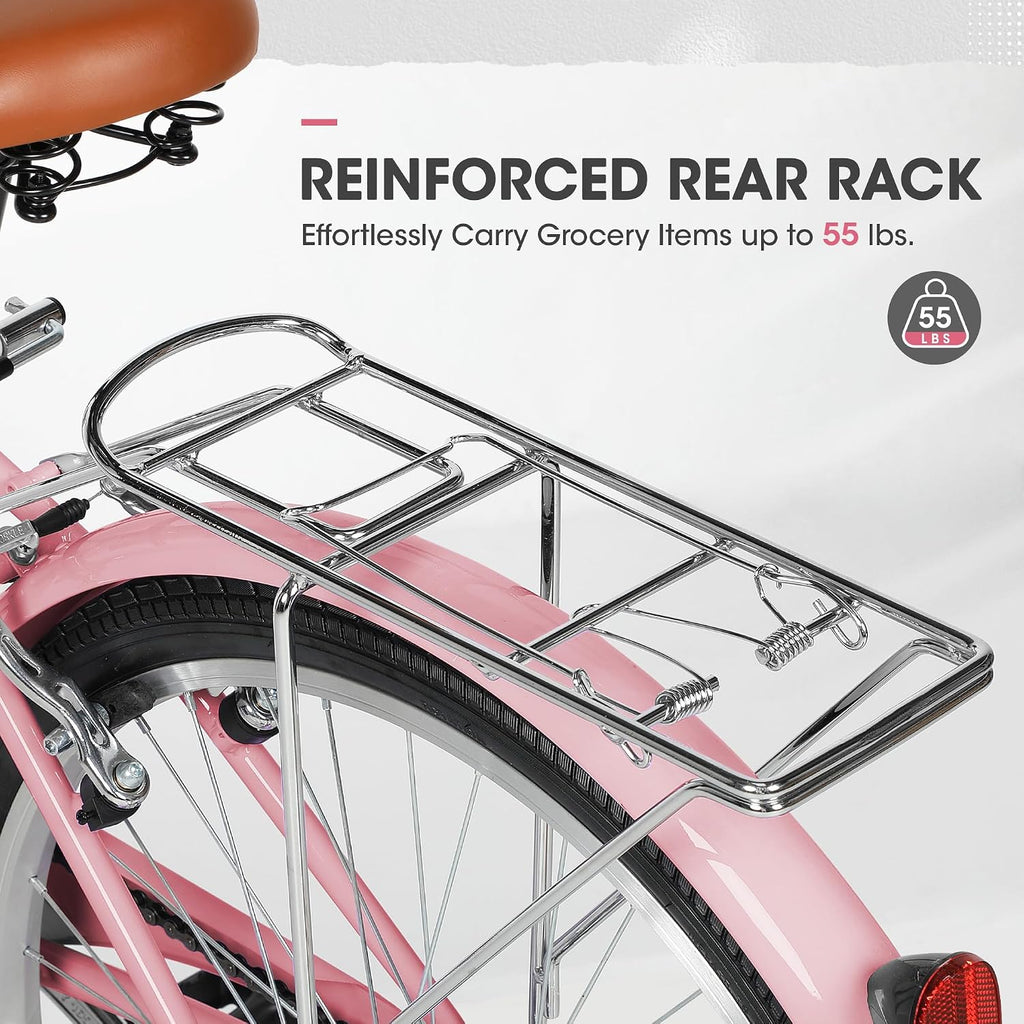 Outroad Beach Cruiser Bike, 24/26 inch Commuter Bicycle for Adult and Women,High-Carbon Steel Comfortable City Bikes with Rear Rack and Basket, (Black/Pink/White/Green/Purple)