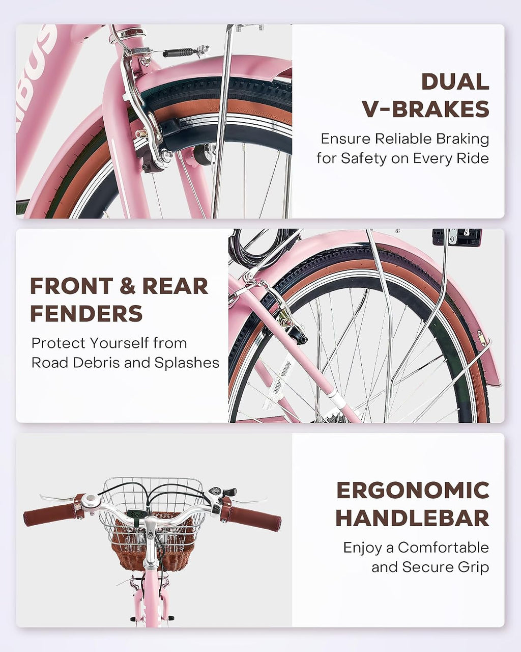 VIRIBUS Womens Cruiser Bike, 7 Speed Beach Cruiser Bike for Women, 26 inch Women Bicycle with Rattan Basket, City Commuter Vintage Retro Step Through Bicycle for Female Ladies Seniors, 330 Lb.