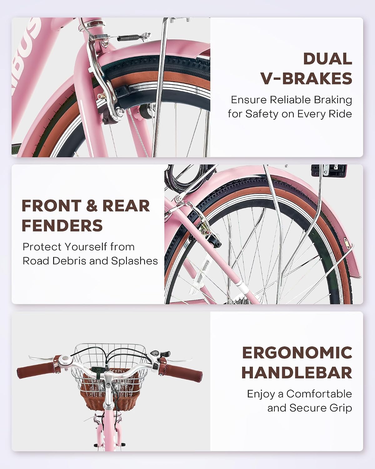VIRIBUS Womens Cruiser Bike, 7 Speed Beach Cruiser Bike for Women, 26 inch Women Bicycle with Rattan Basket, City Commuter Vintage Retro Step Through Bicycle for Female Ladies Seniors, 330 Lb.