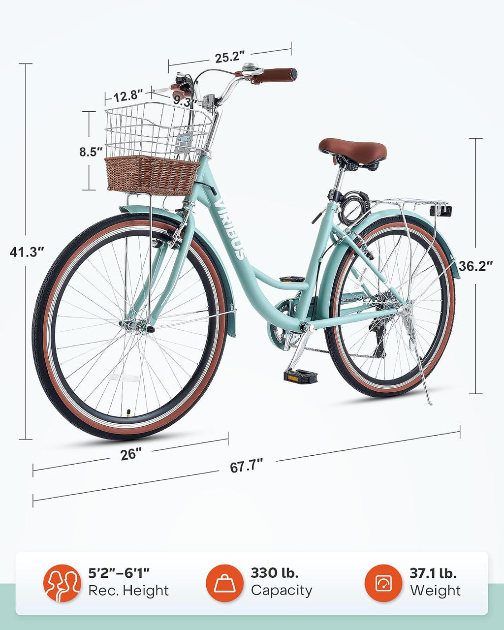 VIRIBUS Womens Cruiser Bike, 7 Speed Beach Cruiser Bike for Women, 26 inch Women Bicycle with Rattan Basket, City Commuter Vintage Retro Step Through Bicycle for Female Ladies Seniors, 330 Lb.