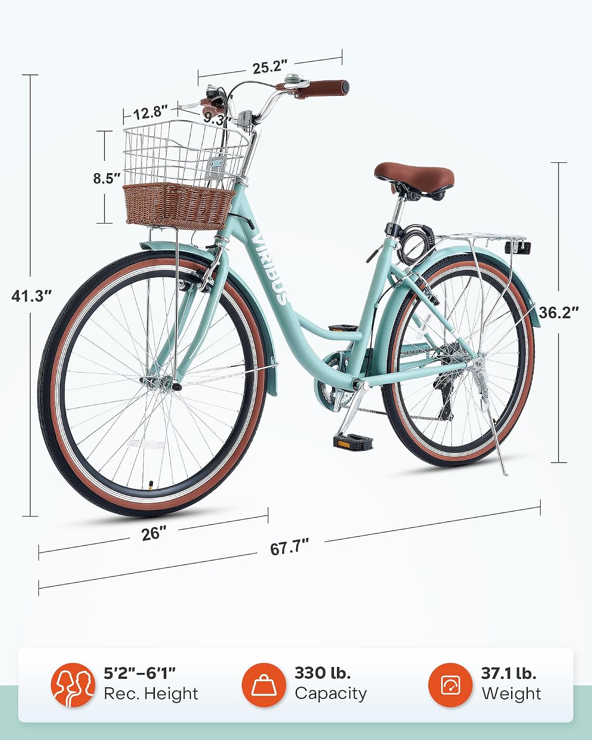 VIRIBUS Womens Cruiser Bike, 7 Speed Beach Cruiser Bike for Women, 26 inch Women Bicycle with Rattan Basket, City Commuter Vintage Retro Step Through Bicycle for Female Ladies Seniors, 330 Lb.