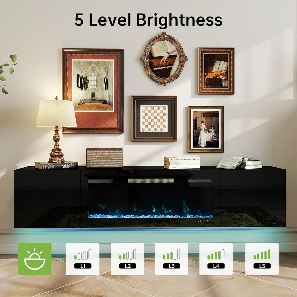 Real Relax 70' Floating TV Stand with 36' Electric Fireplace, Wall Mounted Entertainment Center with Storage, Remote Control, Modern LED Lights Fireplace TV Console for TVs Up to 80', All Black