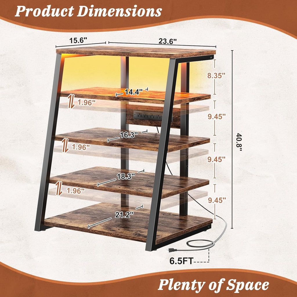 Armocity 5-Tier AV Media Stand with Power Strips, Media Console with LED Lights, Audio Tower Rack with Adjustable Shelves, Stereo Stands and Racks, 40.8'', Rustic Brown