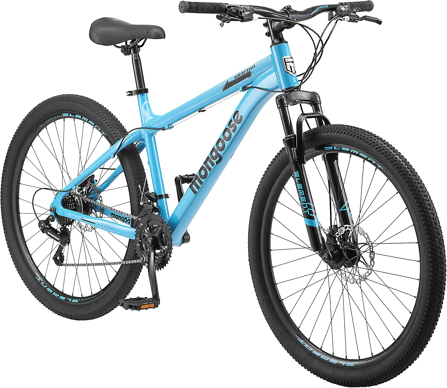 Mongoose Grafton Mountain Bike, 21 Speed, Aluminum Frame, Knobby Mountain Tires, Suspension Fork, Trigger Shifters, Mechanical Disc Brakes | Trigger Shifter, Aluminum Frame, Front Suspension