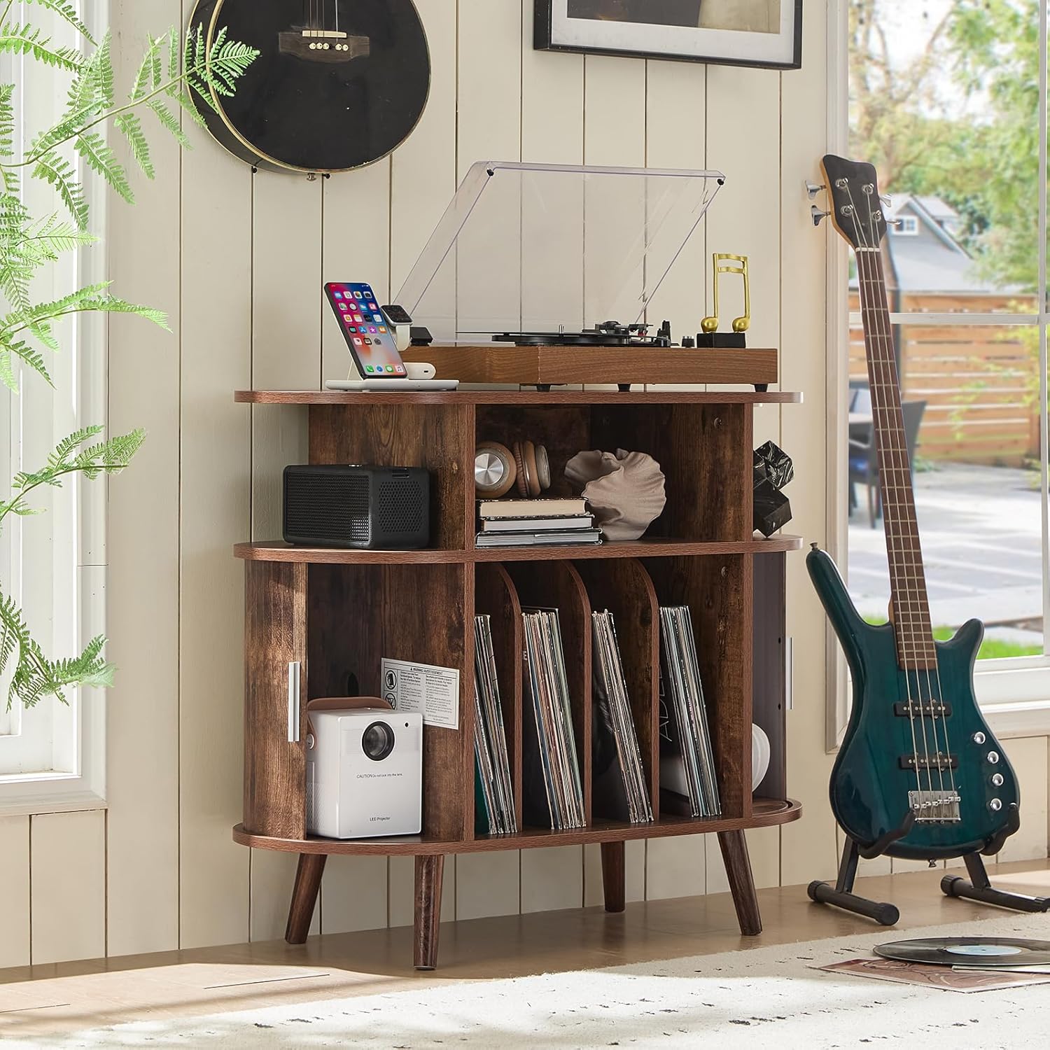 LELELINKY Large Round Record Player Stand with Charging Station & Fluted Panel, Brown Mid Century Modern Turntable Cabinet with Vinyl Storage, Arched Wood Record Player Table for Living Room