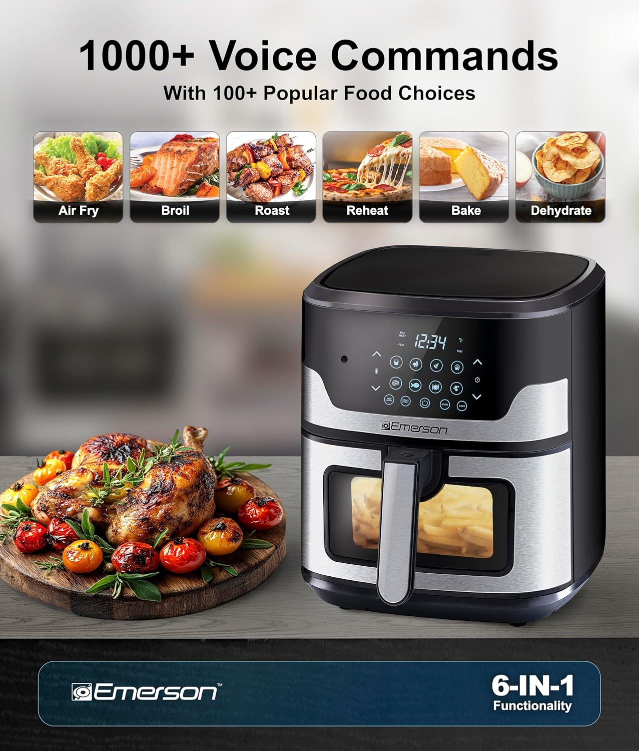 Emerson SmartVoice 5.3QT Air Fryer, 1000+ Voice Commands, 6-in-1 Digital Cooker, Compact Countertop Design, Oil-Free Healthy Cooking, Easy-Clean Nonstick Basket, 1500W