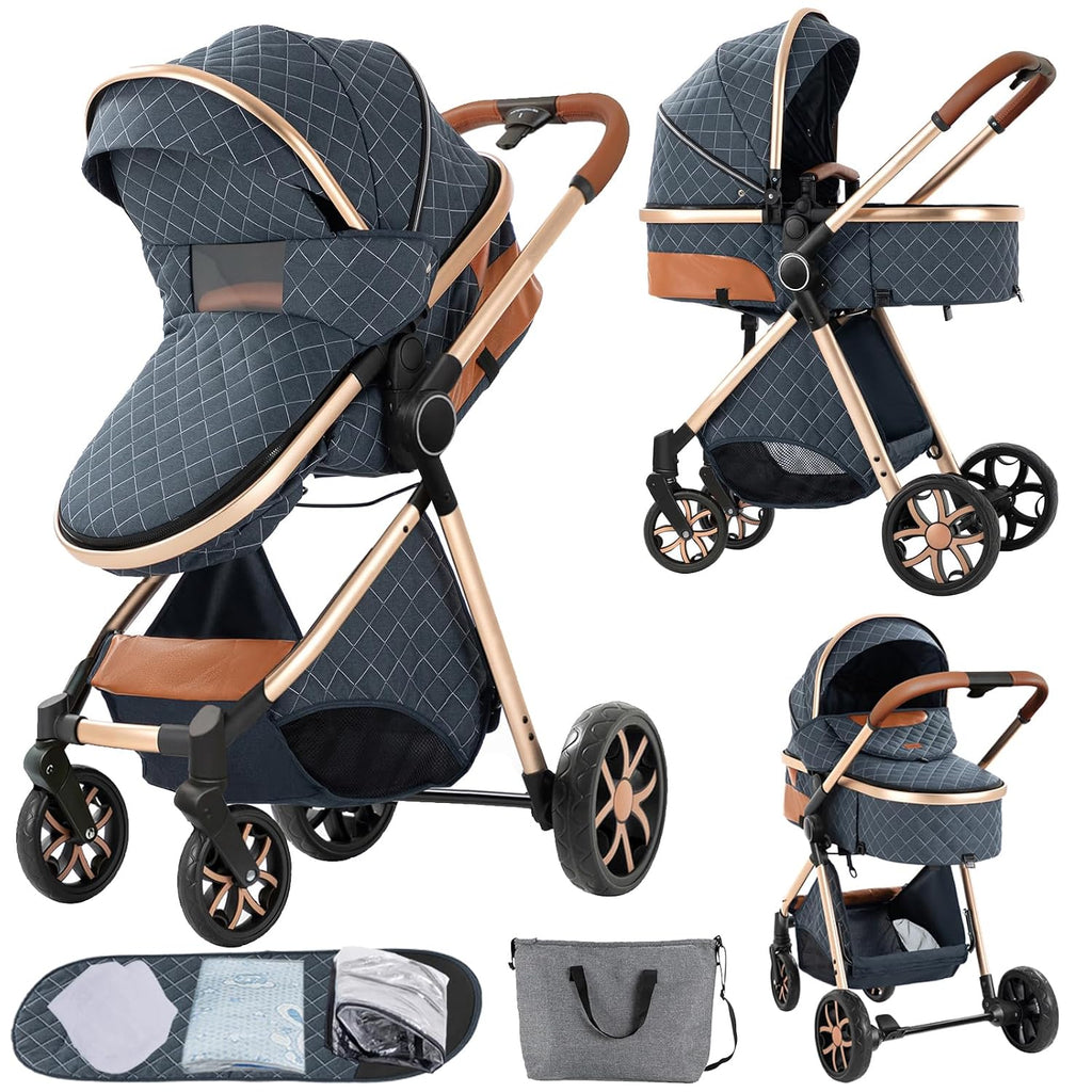 Nine point nine 2 in 1 Baby Stroller, Reversible Convertible Infant Stroller of One-Click Folding, Newborn Travel Strollers Toddler Standard Pram Carriage (225 Blue)