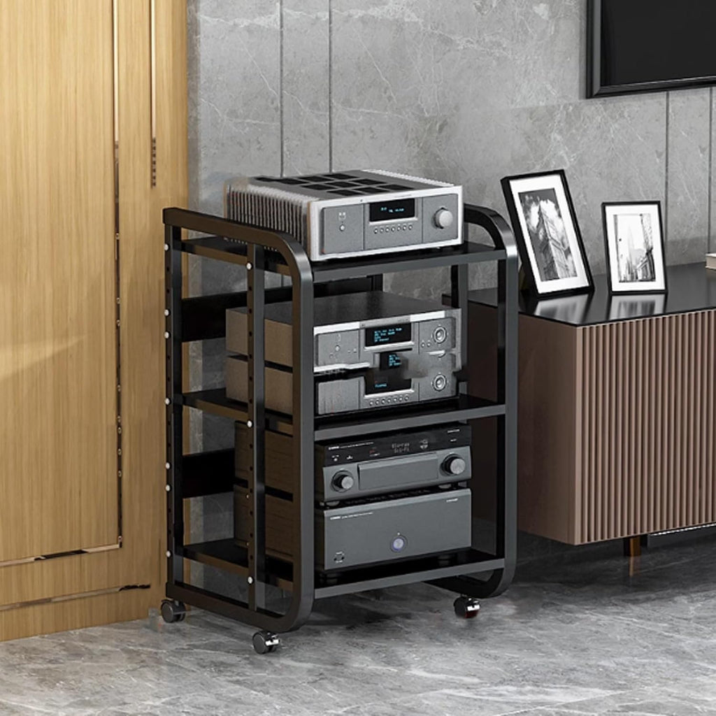 AV Media Stand - Audio Video Shelving Rack with Wheels, Open Storage Cabinet for Home, Office & Theater - Stereo Tower Console for Recording Room (Black, 50x42.5x70cm)