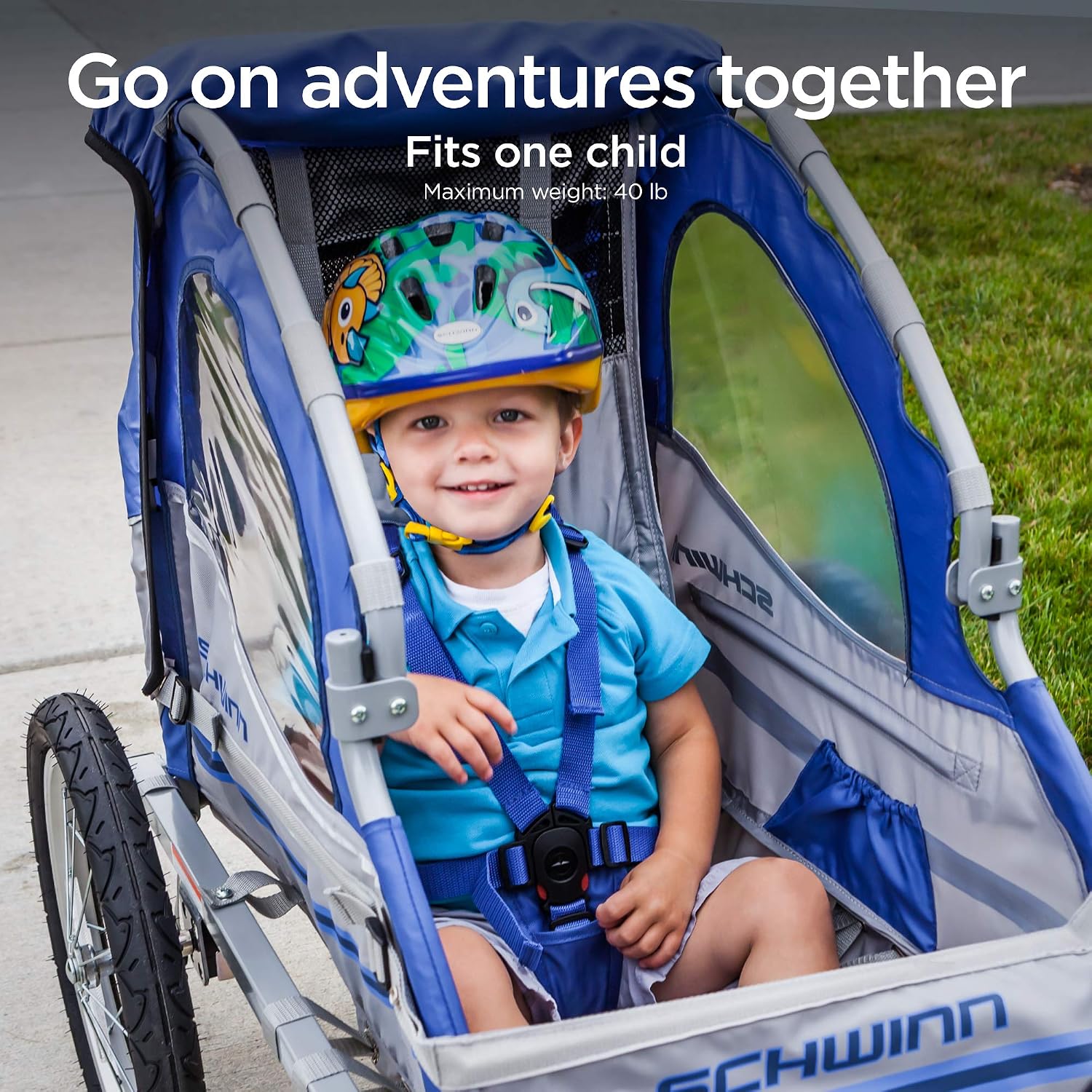 Schwinn Trailblazer Plus Kids Bike Trailer, Single Seat, Universal Coupler, Folding Frame, Quick-Release Wheels, Canopy with Bug Screen and Weather Shield, Schwinn Bike Trailer for Kids