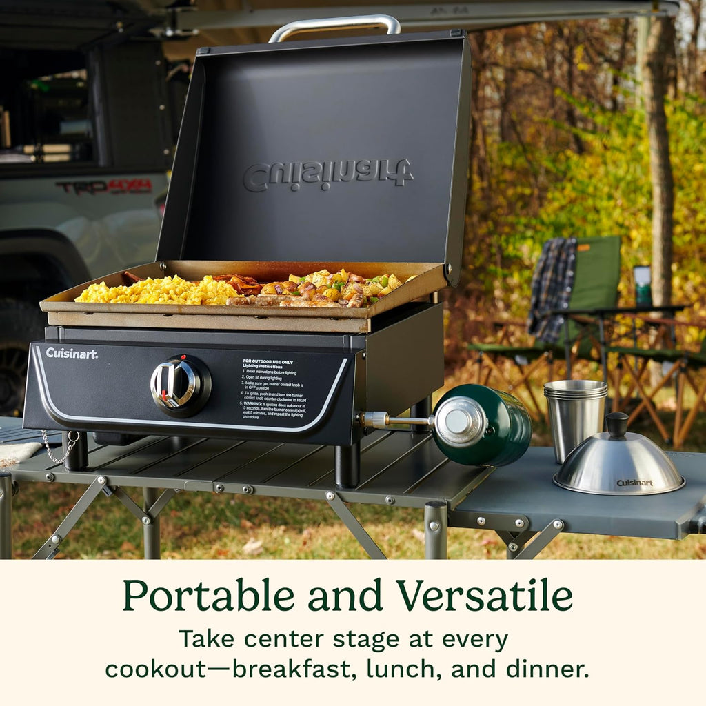 Cuisinart 17' Tabletop Gas Griddle with Hood, Easy Assembly Compact Outdoor Flat-Top Grill with Grease Cup, 255 Sq. In Cooking Space Perfect for Camping, Tailgates and BBQs