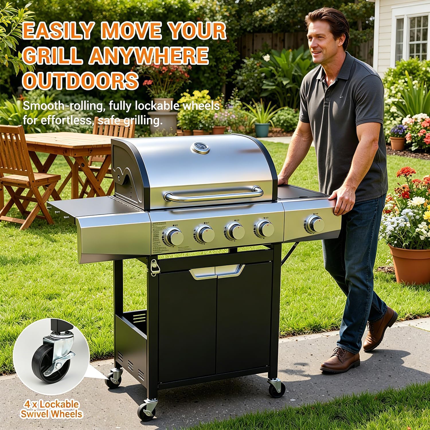 EUHOME 51,000 BTU 4-Burner Propane Gas Grill with Side Burner – Large 452 sq.in Stainless Steel BBQ Grill, Enameled Cast Iron Grates, 4 Swivel Casters & Protective Cover for Backyard Patio Family
