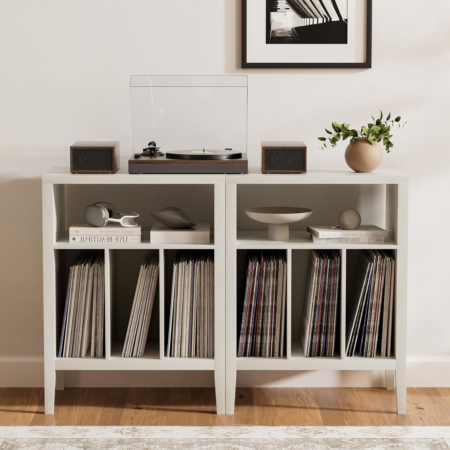 Modern Record Player Stand, Vinyl Record Storage Cabinet with Open Shelf, Wood Records Player Table Cube Storage Organizer for Living Room, Office, Antique White