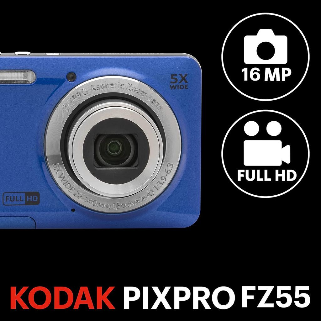 Kodak PIXPRO FZ55 Digital Camera, Compact Point & Shoot with 16MP Sensor, 5X Optical Zoom, 28mm Wide Angle, 1080p Video, Blue