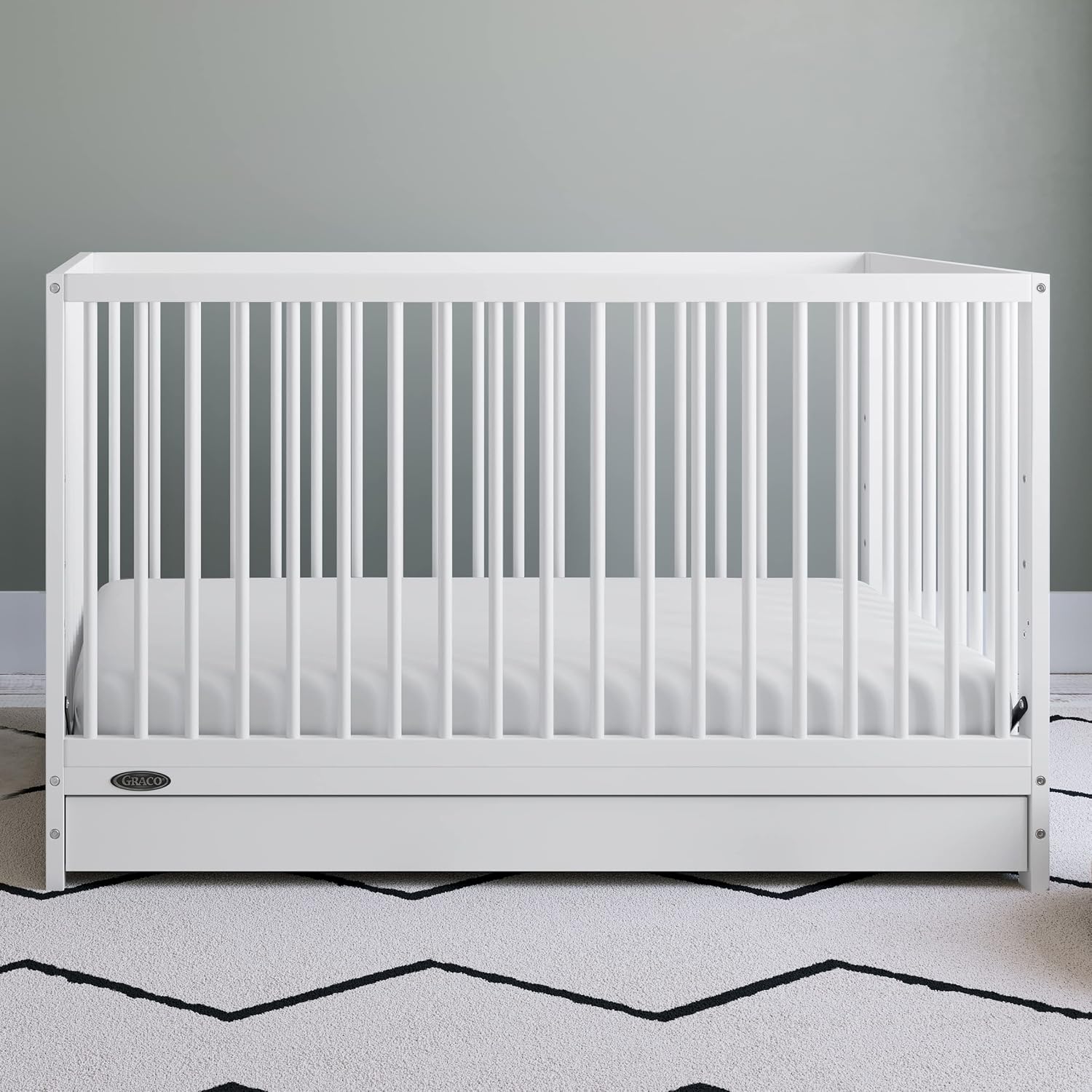 Graco Teddi 5-in-1 Convertible Crib with Drawer – GREENGUARD Gold Certified, Full-Size Nursery Storage Drawer, Baby Crib Converts to Toddler Bed, Daybed and Full-Size Bed (White)