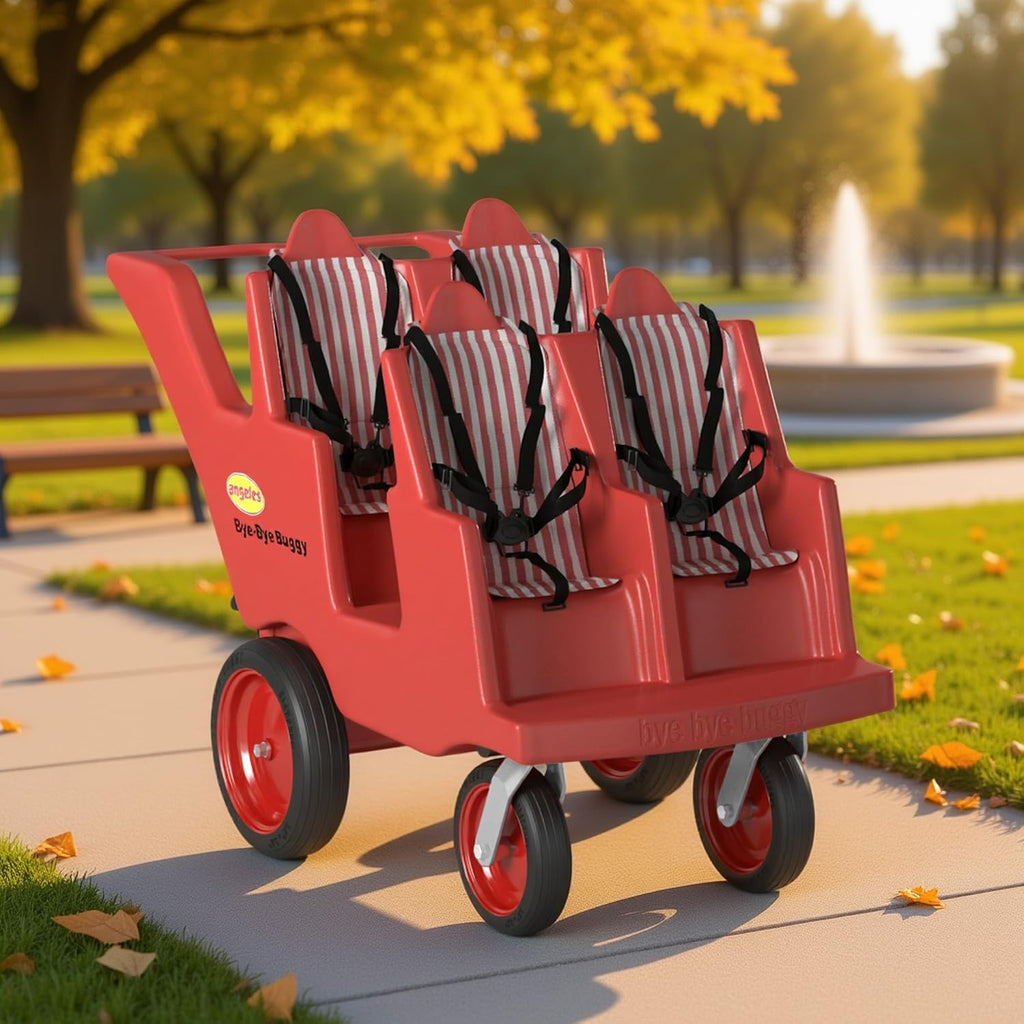 Angeles Bye Bye Buggy 4 Passenger Stroller, Sturdy Daycare Stroller with Fat Tires, Easy-to-Fasten Safety Buckles, Parking Brake, & 360 Pivoting Wheels, Red with Stripe Cushions