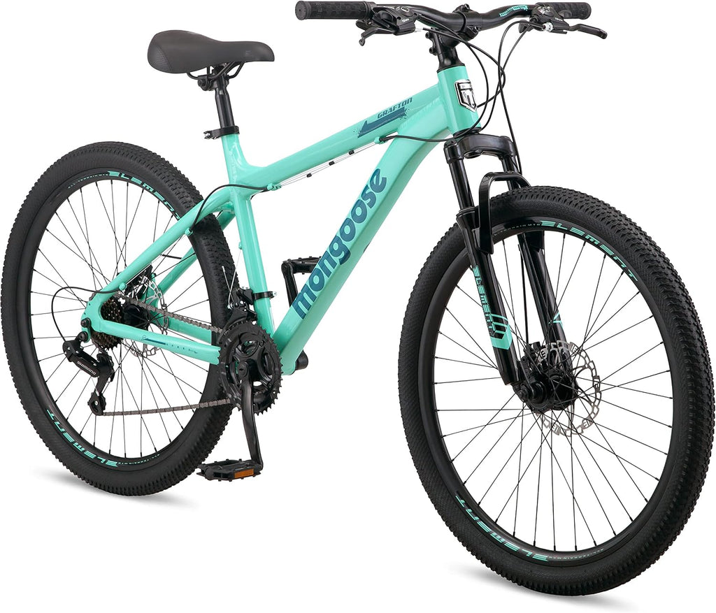 Mongoose Grafton Mountain Bike, 21 Speed, Aluminum Frame, Knobby Mountain Tires, Suspension Fork, Trigger Shifters, Mechanical Disc Brakes | Trigger Shifter, Aluminum Frame, Front Suspension