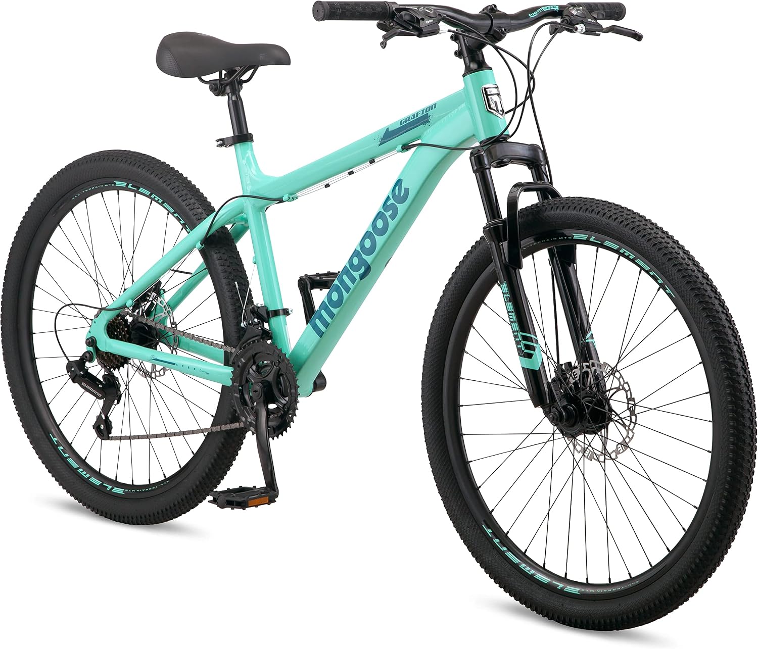 Mongoose Grafton Mountain Bike, 21 Speed, Aluminum Frame, Knobby Mountain Tires, Suspension Fork, Trigger Shifters, Mechanical Disc Brakes | Trigger Shifter, Aluminum Frame, Front Suspension