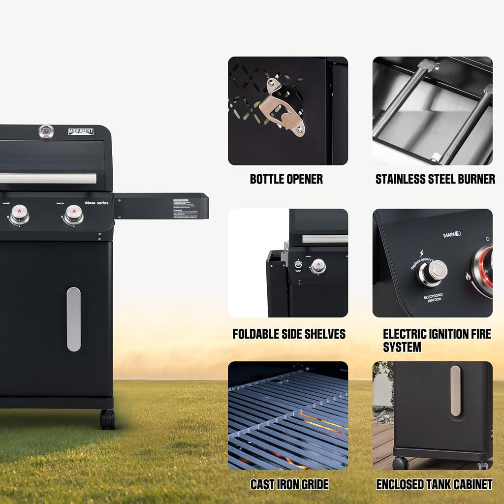 Monument Grills 2-Burner Foldable Stainless Steel Liquid Propane Gas Patio Garden Barbecue Grill with Clearview® Lid, Knob Control Mesa220 with BBQ Cover