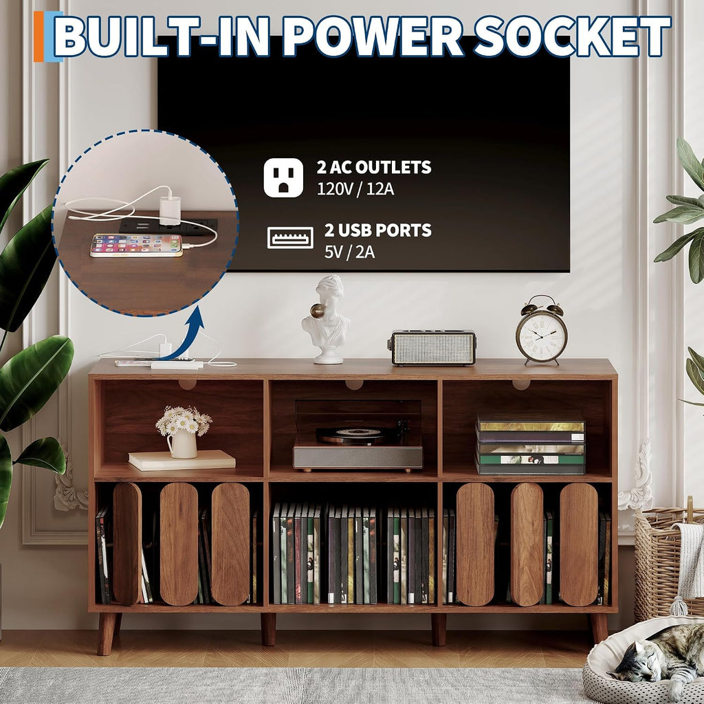 55'' Large Record Player Stand with Charging Station - Vinyl Record Storage Cabinet with 2 USB Ports, Open Shelves & Turntable Holder, Mid-Century Modern Wood TV Media Console for Living Room