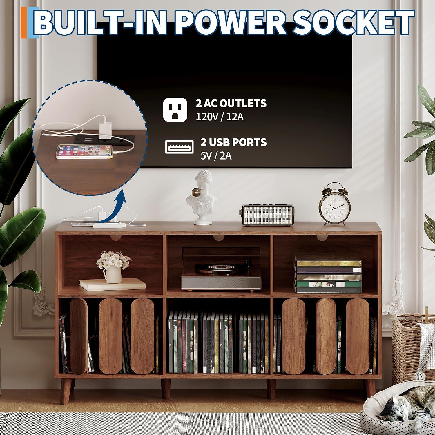 Modern Large Record Player Stand with Power Outlet, 55'' Mid-Century Vinyl Record Storage Holder Turntable Stand Record Stand Table with Charging Station, Wood TV Stand Media Console