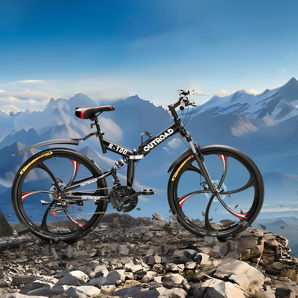 Outroad 26 Inch Folding Mountain Bike, 21 Speed Full Suspension High-Carbon Steel MTB Foldable Bicycle, Dual Disc Brake Non-Slip Folding Bikes for Adults/Men/Women, Black, Orange and Green