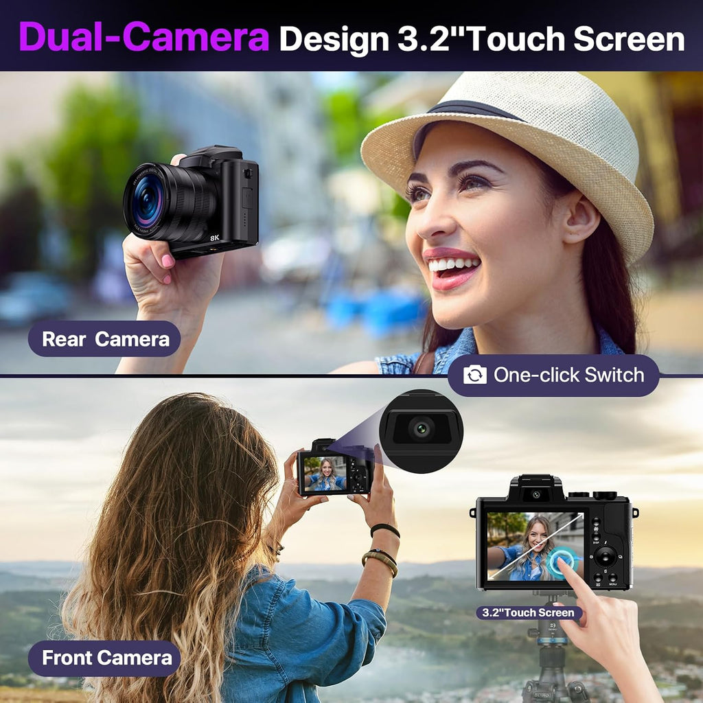 8K Digital Cameras for Photography with WiFi,Autofocus 88MP Vlogging Camera for YouTube with Dual-Lens,16X Digital Zoom Point and Shoot Camera,3.2''Touch Screen, Anti-Shake,2 Batteries &Charging Stand