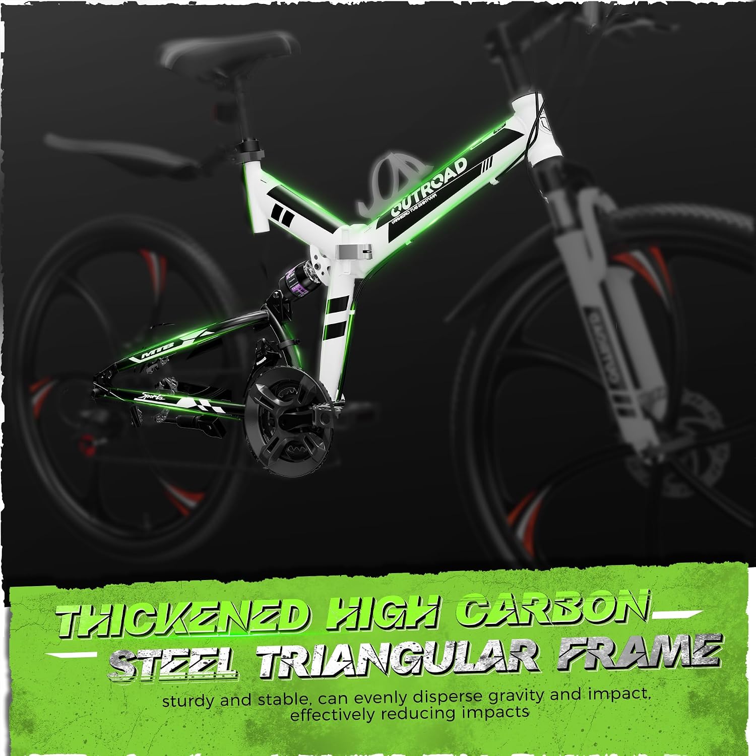 Outroad 26 Inch Folding Mountain Bike, 21 Speed Full Suspension High-Carbon Steel MTB Foldable Bicycle, Dual Disc Brake Non-Slip Folding Bikes for Adults/Men/Women, Black, Orange and Green
