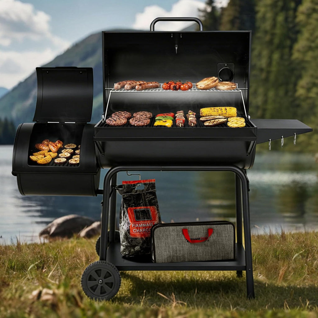 Royal Gourmet CC2036F Barrel Charcoal Grill with Offset Smoker, Outdoor BBQ Grill with 1200 Sq. In. Grilling Area for Large Event Gathering, Black