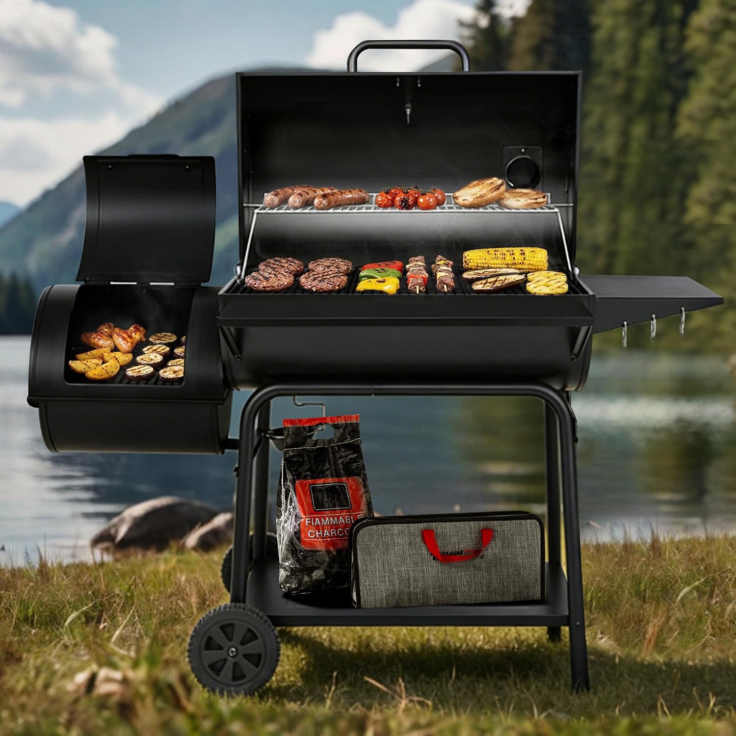 Royal Gourmet CC2036F Barrel Charcoal Grill with Offset Smoker, Outdoor BBQ Grill with 1200 Sq. In. Grilling Area for Large Event Gathering, Black