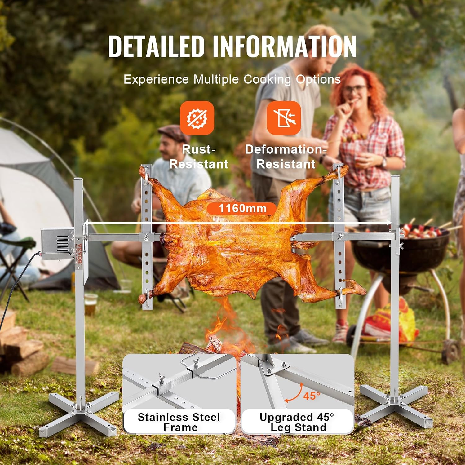 VEVOR Electric BBQ Rotisserie Grill Kit, 52 Inch 88 lbs Capacity, Automatic 38W Motor Height Adjustable Universal Roaster Stand, Stainless Steel Grilling Kit, Spit Rod with Heat Shield for Pig Lamb