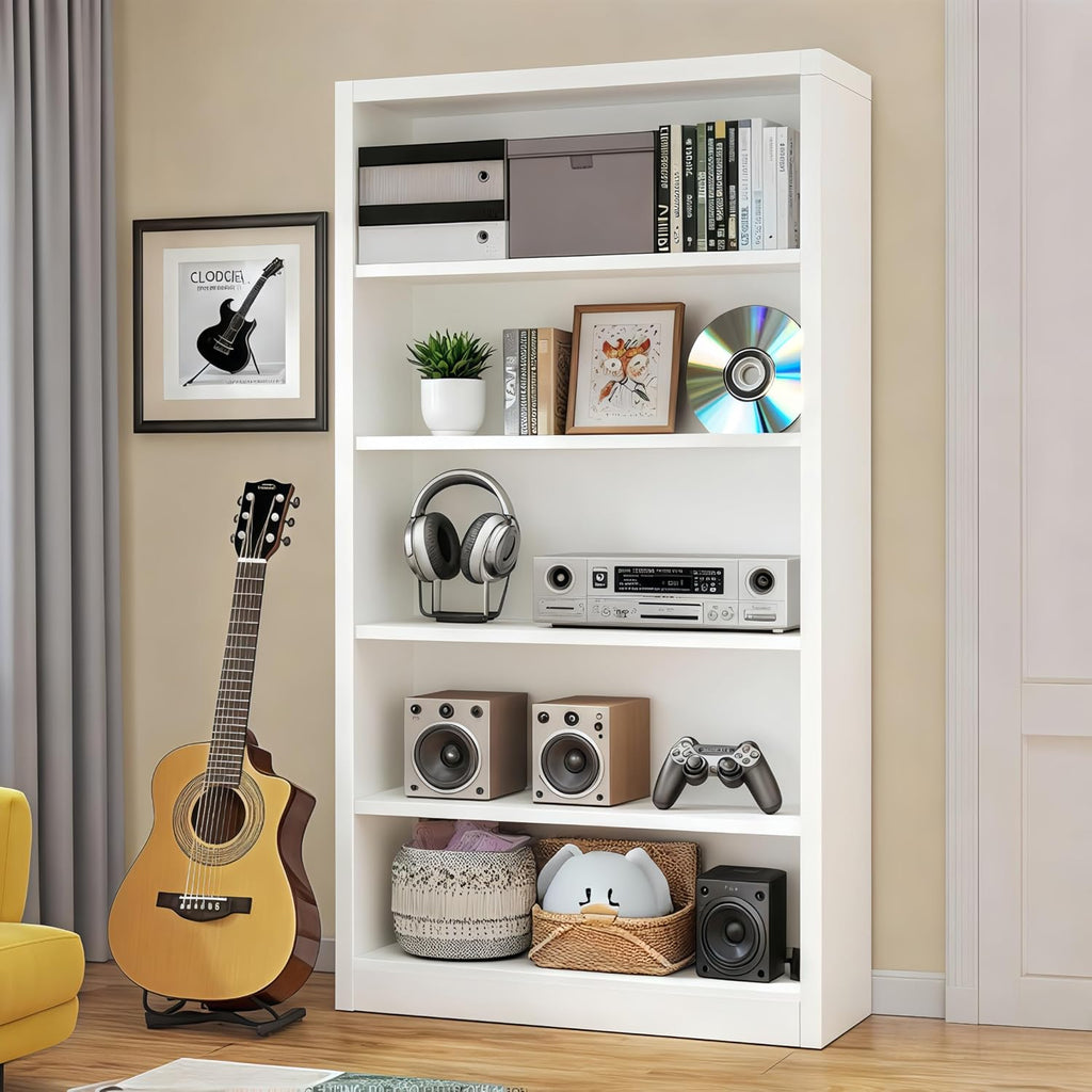 55' Media Storage Cabinet, Metal CD Storage Rack with 4 Adjustable Shelves, 5-Tier Large Media Stand for Living Room, Home Entertainment (White)