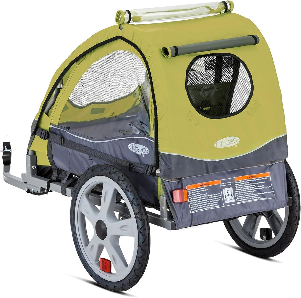 Instep Sync Single Seat Bike Child Trailer, Max Weight 40 lbs., 5-Point Harness, Folding Frame, Quick Release Wheels, Easy Storage, Bug Screen & Weather Shield, Green/Grey