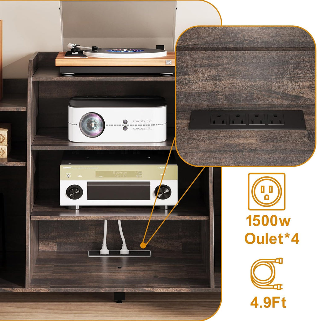 Rresyet 55' Record Player Stand with Charging Station, 4-Tier Vinyl Record Storage Cabinet with Divided Shelves, Adjustable Shelf，Large Capacity Storage for Music Room Living Room