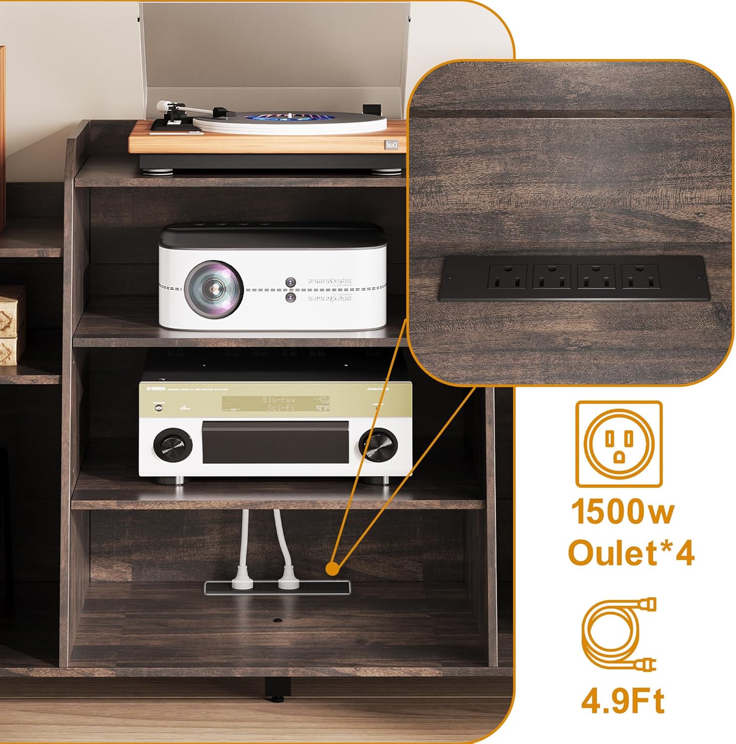 Rresyet 55' Record Player Stand with Charging Station, 4-Tier Vinyl Record Storage Cabinet with Divided Shelves, Adjustable Shelf，Large Capacity Storage for Music Room Living Room