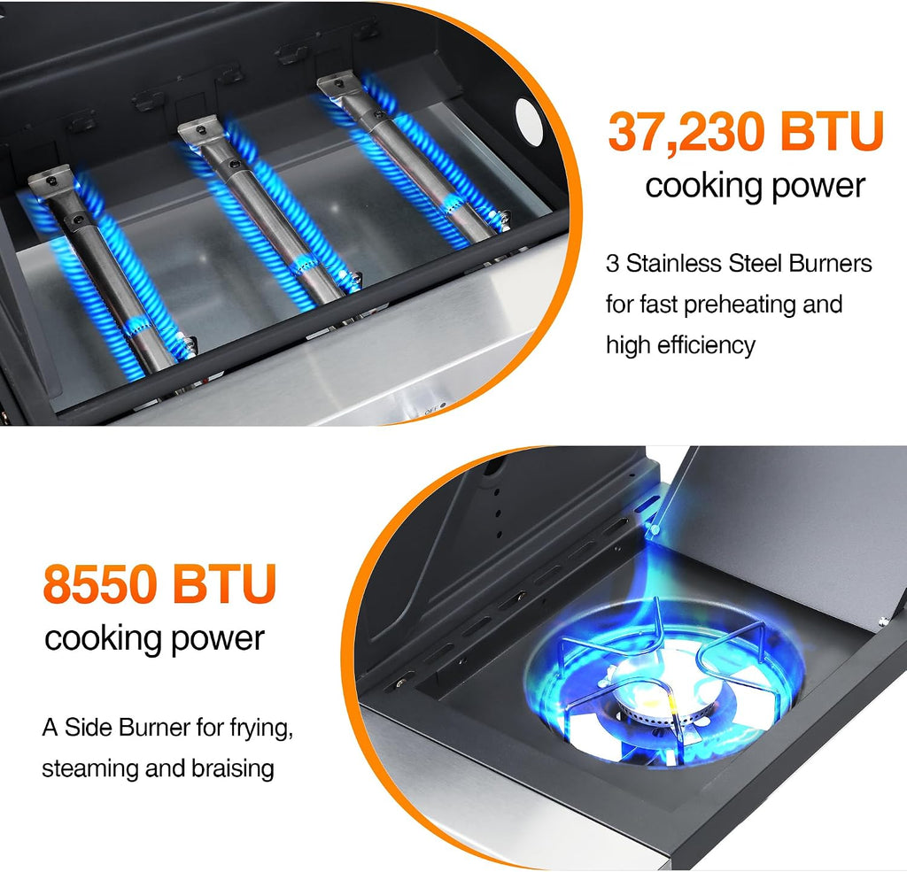 3-Burner Propane Grill for Backyard - 37,230 BTU BBQ with Side Burner, Porcelain Cast Iron Grates, Stainless Steel Outdoor Grill for Camping & Tailgating, Fast Heating