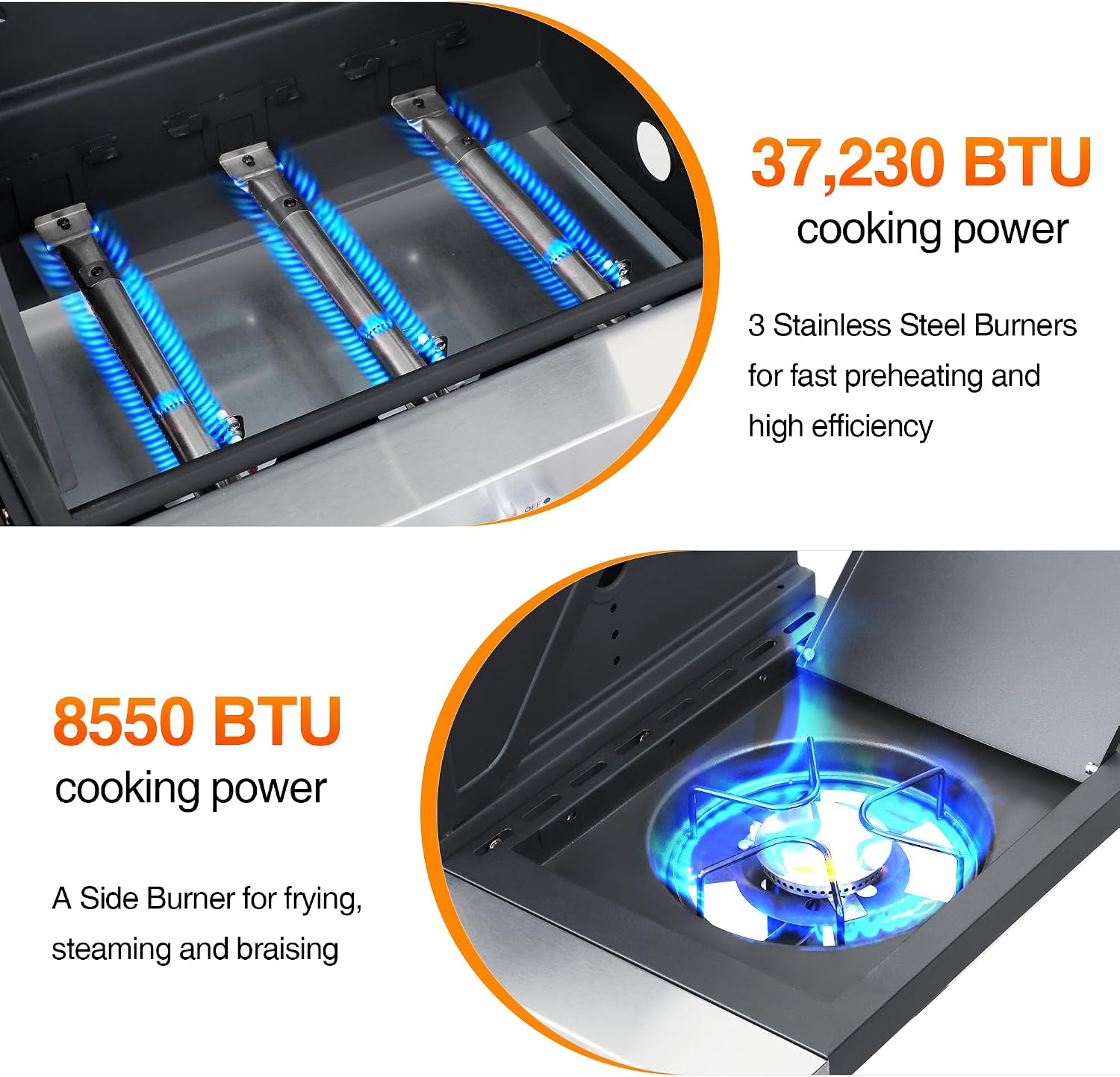 3-Burner Propane Grill for Backyard - 37,230 BTU BBQ with Side Burner, Porcelain Cast Iron Grates, Stainless Steel Outdoor Grill for Camping & Tailgating, Fast Heating