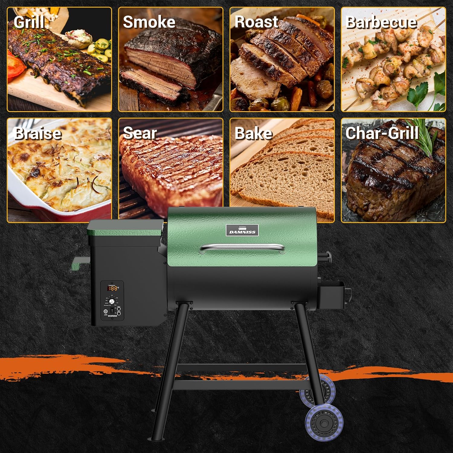 DAMNISS Electric Wood Pellet Grill 8 In 1 BBQ Grills for Outdoor Grill with Auto Feed & PID Temperature Control (180-450°F)456 Sq.In Cook Area Smoker Gills for Backyard New House Gifts