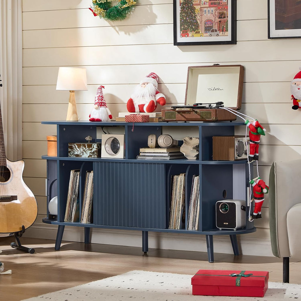 LELELINKY Extra Large Round Record Player Stand with Charging Station & Fluted Panel, Mid Century Modern Turntable Cabinet with Vinyl Storage, Arched Wood Record Player Table for Living Room,Blue