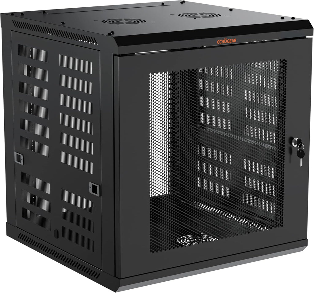 ECHOGEAR 12U Network Rack - Enclosed Wall Mount Rack Kit Includes 2X 1U Shelves, Pre-Mounted Fan, Lockable Door & Hardware - 600mm Depth Fits All Your AV Gear