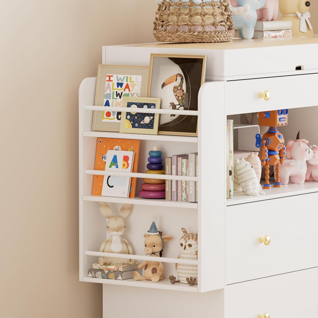 FURNJOYLIFE Nursery Dresser with Baby Changing Table, Modern Diaper Changing Station,Dresser for Nursery with 3 Drawers & Shelves, Storage Crib with Changing Table, White