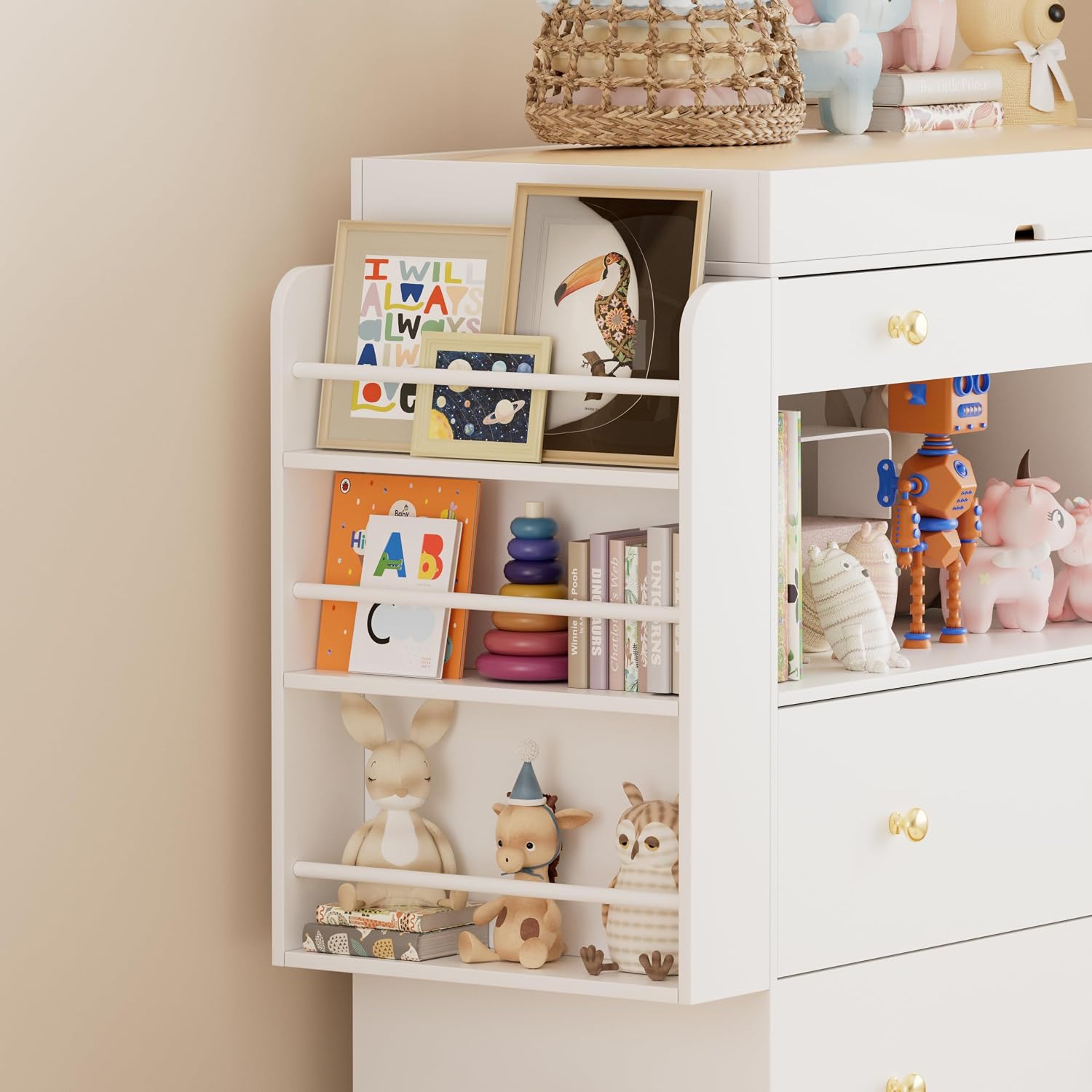 FURNJOYLIFE Nursery Dresser with Baby Changing Table, Modern Diaper Changing Station,Dresser for Nursery with 3 Drawers & Shelves, Storage Crib with Changing Table, White