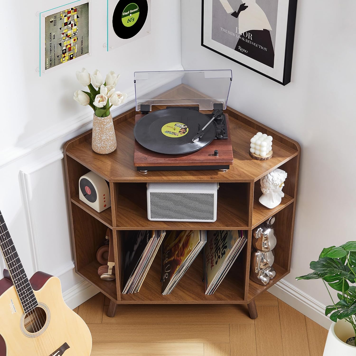 Corner Record Player Stand with Charging Station & USB Ports, 3 Tier Mid Century Modern Vinyl Record Storage Cabinet, Wood Turntable Stand for Music Room, Living Room, Small Space (Walnut)