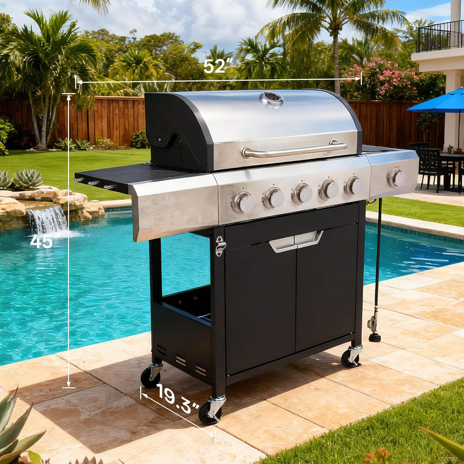 Endark 5-Burner 58,500 BTU Stainless Steel Outdoor Propane Gas Grill with Side Burner & Porcelain Grates | Wheeled BBQ Grill for Patio, Garden, Backyard