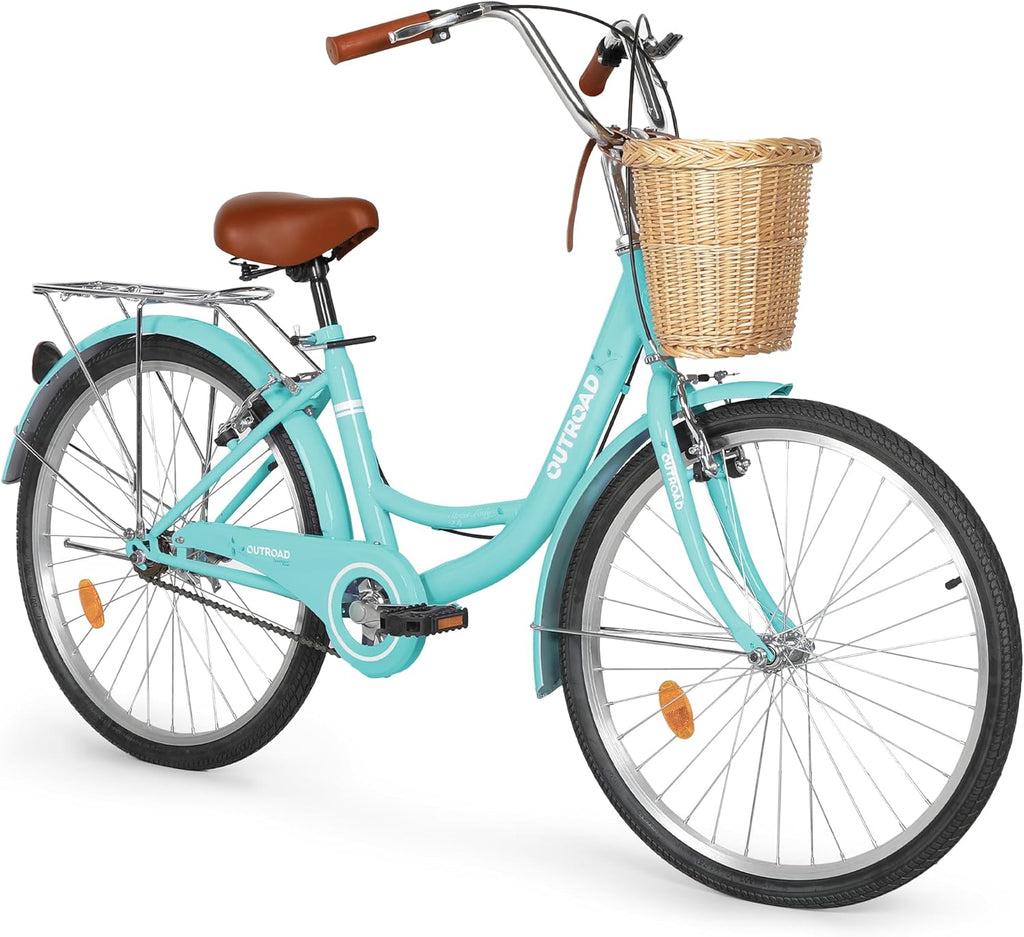 Outroad Beach Cruiser Bike, 24/26 inch Commuter Bicycle for Adult and Women,High-Carbon Steel Comfortable City Bikes with Rear Rack and Basket, (Black/Pink/White/Green/Purple)